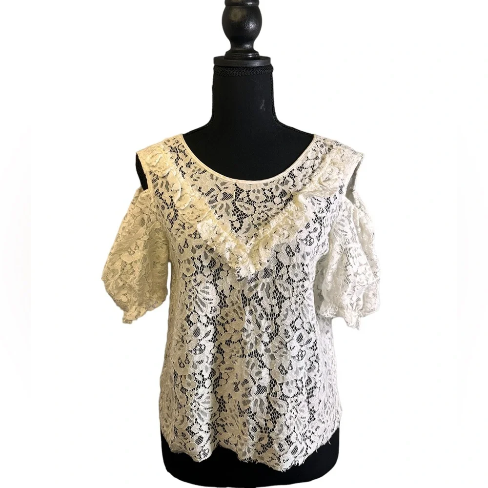 Zara Lace Cold Shoulder Top Ivory Boho Sheer Crochet Blouse Size M
